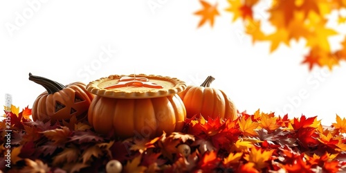 A pumpkin pie rests on a bed of autumn leaves, surrounded by pumpkins, symbolizing the warmth and bounty of the season.