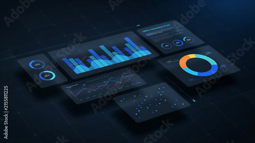 Modern digital dashboard with analytics charts and data visualizations on multiple screens