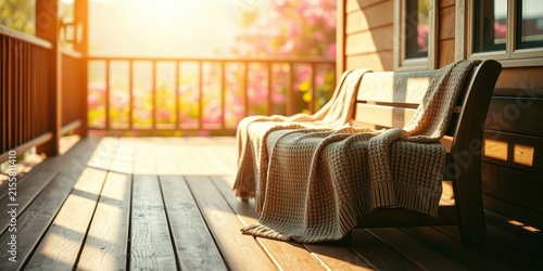A Warm Wooden Porch with a Knitted Blanket on a Bench and Soft Sunlight Streaming Through the Railing