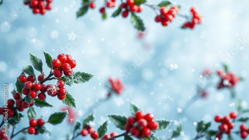 A frosty winter scene with red berries and green leaves against a blue sky background