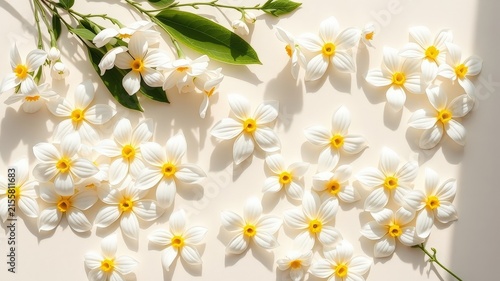 Delicate white flowers with yellow centers arranged on a soft beige background, showcasing the natural beauty of blooming petals