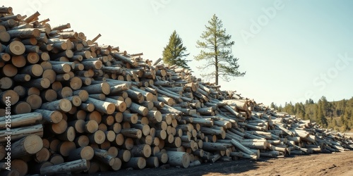 A towering stack of neatly arranged logs rests against a backdrop of lush green trees, the sun casting long shadows on the weathered wood.