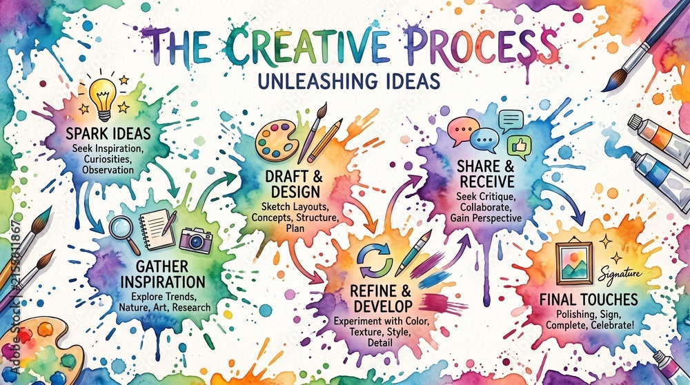 Obraz premium Watercolor Creative Process Infographic with Six Steps