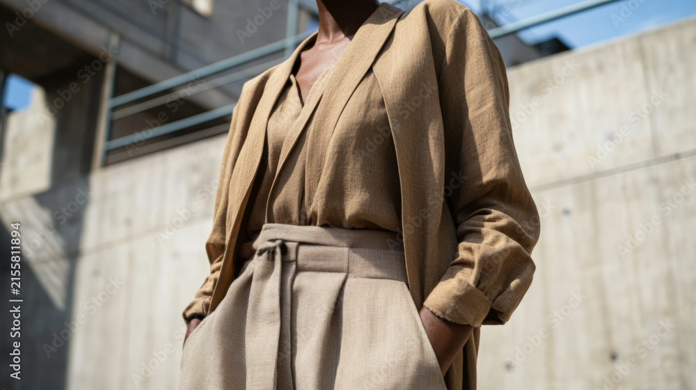 Fototapeta premium Stylish Woman in Chic Neutral Outfit in Urban Setting
