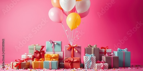 A delightful arrangement of colorful gift boxes adorned with elegant ribbons, sitting beneath a cluster of vibrant balloons against a cheerful pink backdrop.