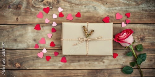 A rustic brown gift box tied with twine, adorned with a sprig of dried flowers, rests amidst scattered heart-shaped cutouts and a delicate pink rose on a weathered wooden background.