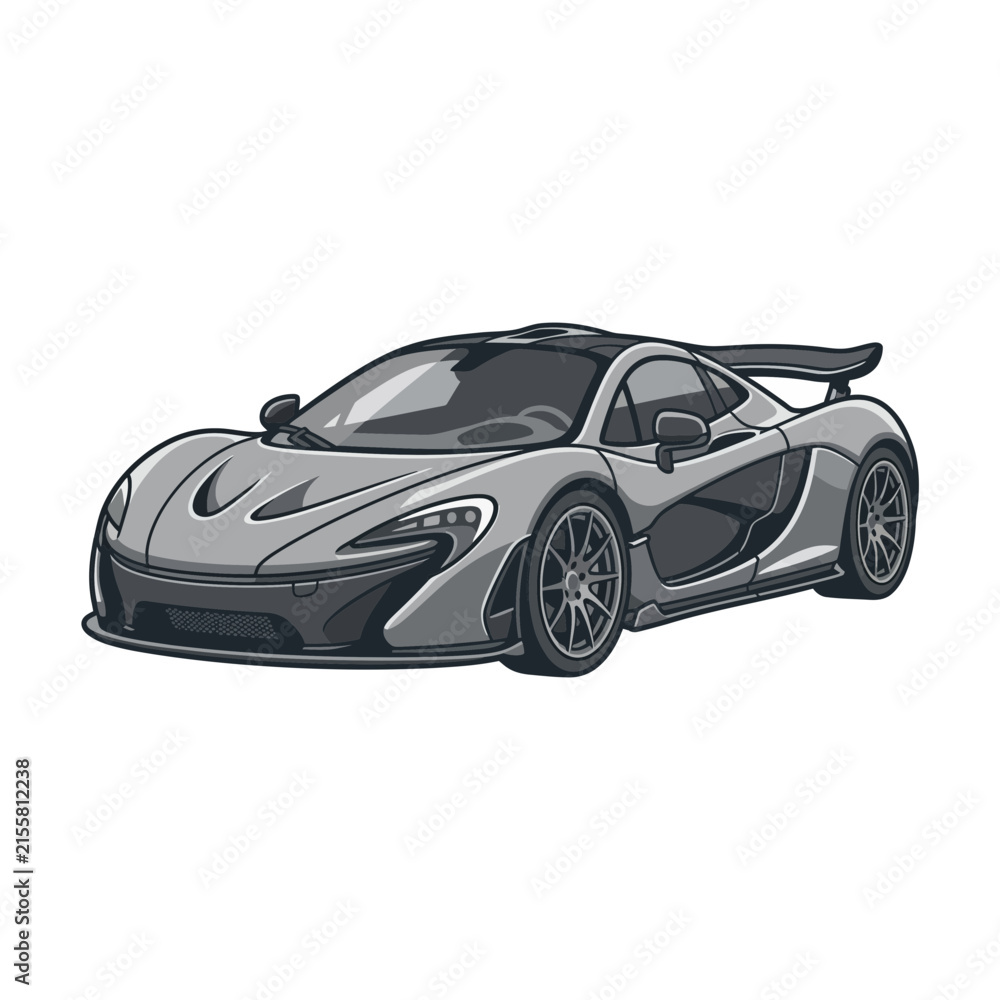 Fototapeta premium Sleek Silver Sports Car Illustration, Modern Automotive Design, Aerodynamic Supercar Cut Out, High Performance Vehicle Isolated