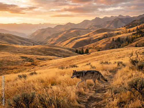 Gray wolf walking along mountain ridge at sunset in golden hour with rolling hills and vast wilderness landscapes.