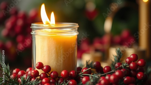 A single candle burns brightly in a glass jar surrounded by red berries and evergreen sprigs, casting a warm glow on the scene.