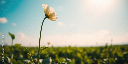 Single White Flower Against a Sunny Sky with a Field of Green in the Foreground