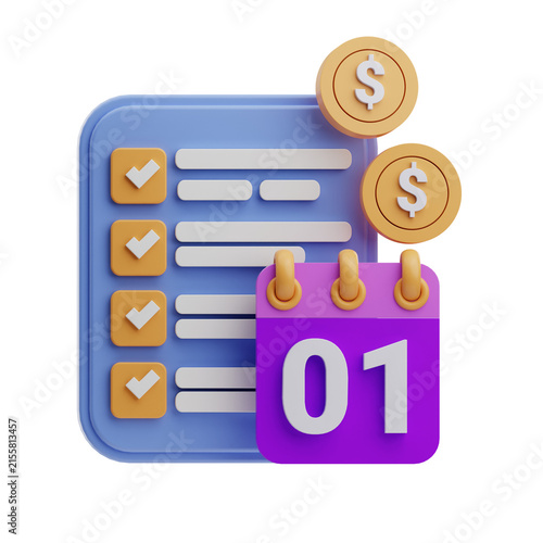 A 3D illustration featuring a calendar with a checklist and dollar signs, representing financial planning and organization. Ideal for finance-related content.