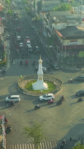 Aerial view of iconic Tugu Yogyakarta monument and roundabout