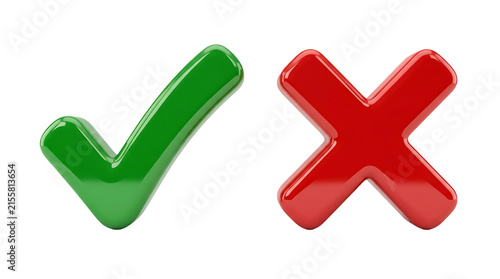 3D Glossy Green Check Mark and Red Cross Mark Icons Isolated on White Background