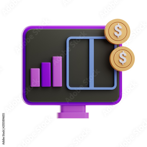A 3D representation of a financial dashboard featuring bar graphs and dollar symbols, ideal for finance-related projects and presentations.