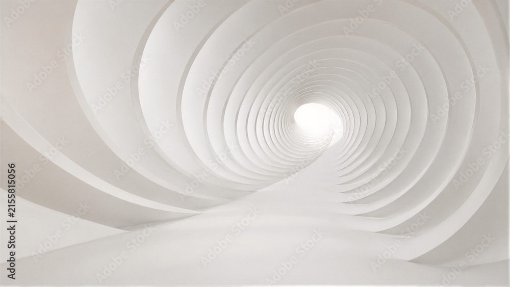 Fototapeta premium Abstract white spiral tunnel with a bright light at the end creating a sense of depth and future