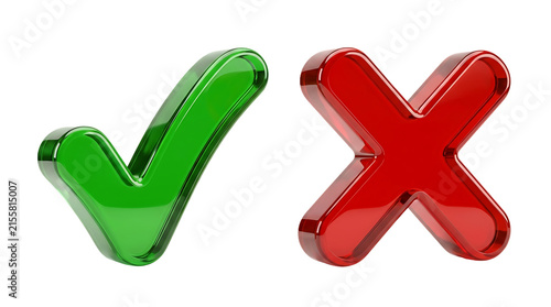 3D Glossy Green Check Mark and Red Cross Mark Icons Isolated on White Background