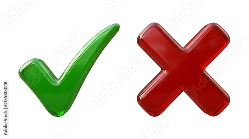 3D Glossy Green Check Mark and Red Cross Mark Icons Isolated on White Background