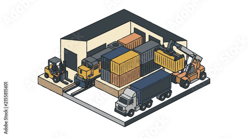 Minimalist of Colorful Shipping Containers and Industrial Equipment in a Warehouse Setting with high quality professional line art symbols for modern creative design and digital branding projects