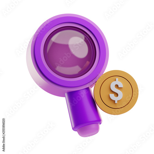 A purple magnifying glass next to a gold dollar coin, representing financial analysis and investment search concepts.