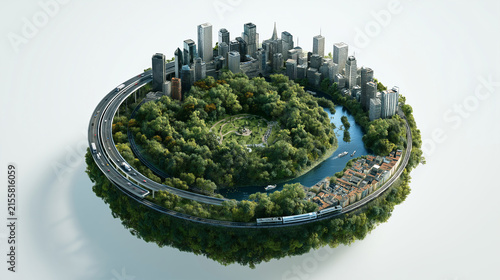 Smart Green City with Urban Forest and Circular Highway, Sustainable City Concept
