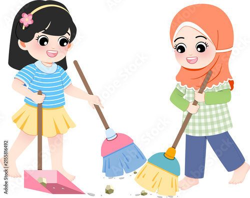 Two children working together to sweep and clean up a mess with brooms and a dustpan