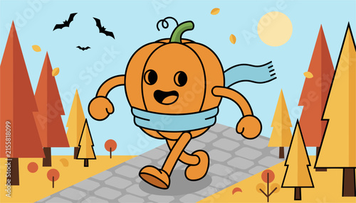 Cute pumpkin character wearing a blue scarf walks merrily along a stone path in a colorful autumn forest with bats.