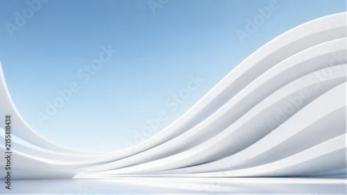 Obraz Abstract white curved architecture with flowing wavy lines and blue sky background, minimal modern 3D render