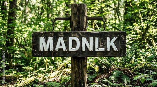 Black wooden sign with the word madnlk written in white letters standing in a blurry green forest background