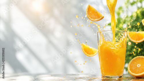 Cuadro en lienzo Fresh orange juice pouring into glass with splash and flying orange slices on su