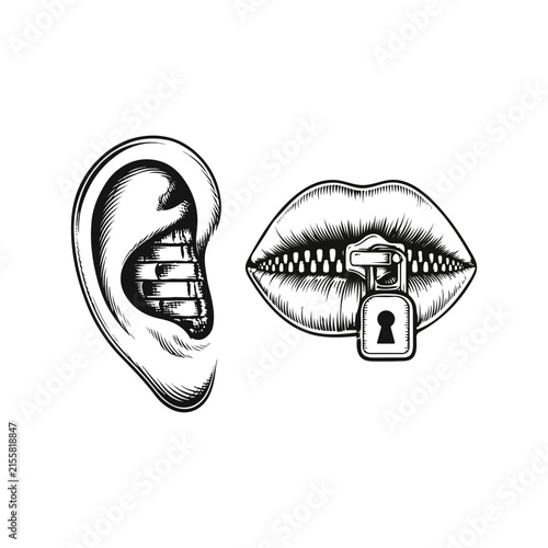 Quadro su tela Secret Keeping Symbol Illustration With Zippered Ear, Locked Lips And Privacy Co