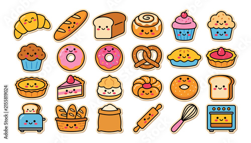 Set of cute kawaii bakery food stickers featuring bread pastries donuts and baking tools with happy faces
