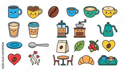 Set of cute coffee themed icons featuring happy mugs beans a grinder and breakfast items in flat style