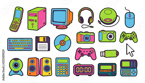 Set of colorful retro technology icons including computers cameras game controllers and vintage electronic gadgets on white