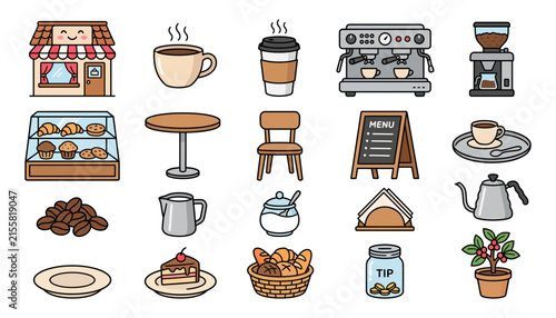 Set of cute hand drawn coffee shop elements including cafe building drinks pastries and barista equipment icons
