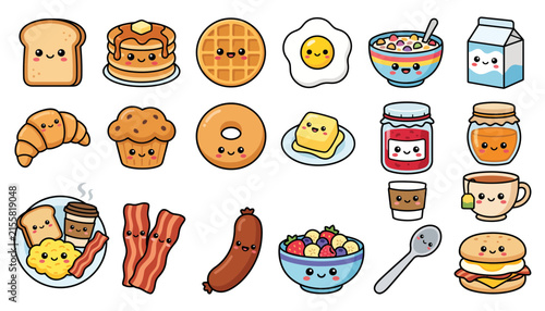 Set of cute kawaii breakfast food icons featuring pancakes waffles eggs bacon coffee and various morning meal items