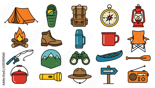 Set of colorful camping and hiking equipment icons featuring outdoor gear for adventure travel and wilderness exploration activities