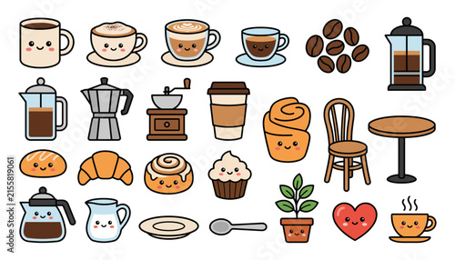 Set of cute kawaii coffee shop elements including cups pastries coffee beans and cafe furniture vector illustration