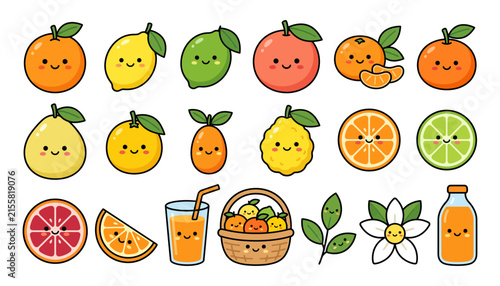 Set of cute cartoon citrus fruits with happy faces including orange lemon lime grapefruit and juice elements