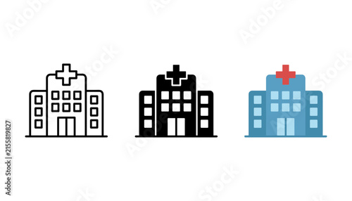 Set of hospital icons in three different styles outline, solid, and flat color, representing medical facilities and healthcare centers