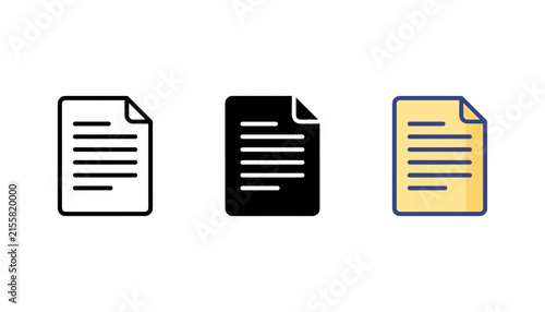 Document icon set in outline, solid, and flat colored styles
