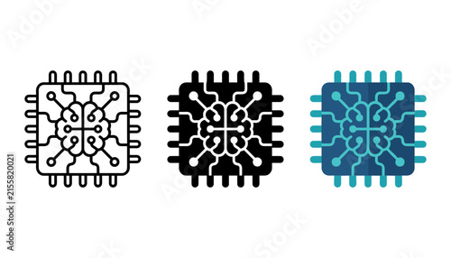 Set of computer chip icons with brain circuit design, representing artificial intelligence and neural network technology