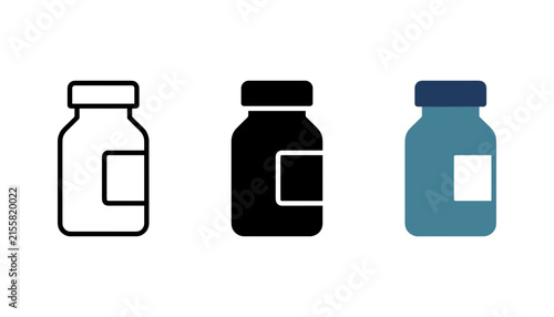 Set of medicine bottle icons in three styles outline, solid, and flat color