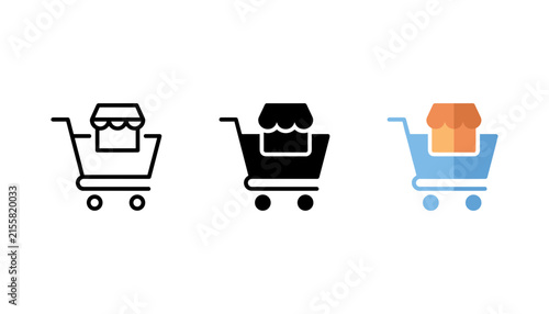 Set of shopping cart icons with shop store symbol, ecommerce and retail concept, vector illustration