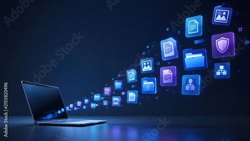 Laptop computer emitting a stream of glowing blue document and folder icons. Concept of cloud storage migration, cybersecurity, and asset management.
