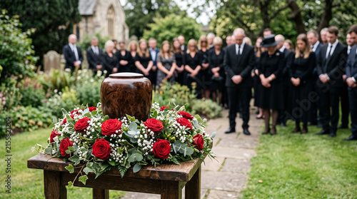 a dark wood cremation urn resting on a wooden podium adorned with a vibrant red rose and white floral arrangement. In the softly blurred background, a group of mourners dressed in black standing outdo