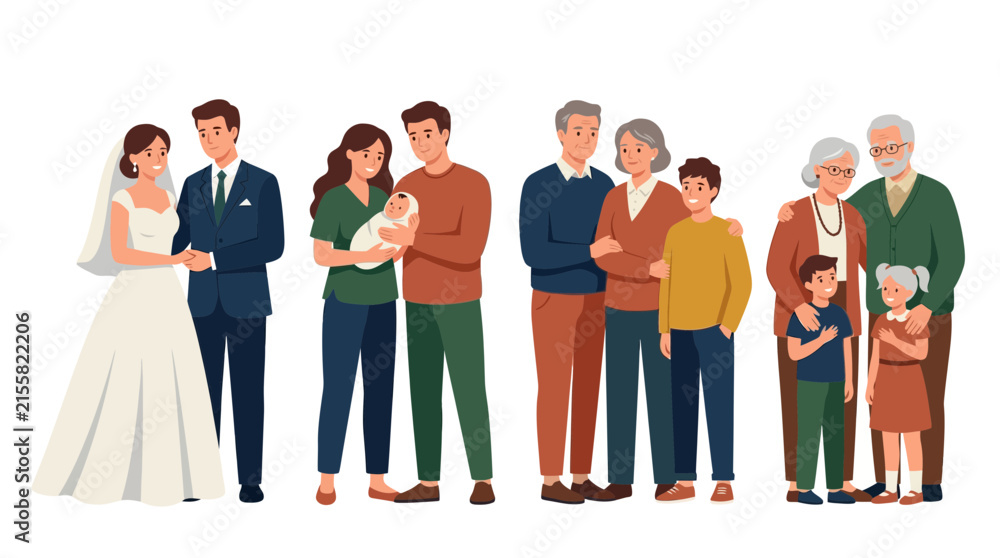 Obraz premium Flat vector illustration of diverse family life stages and generations