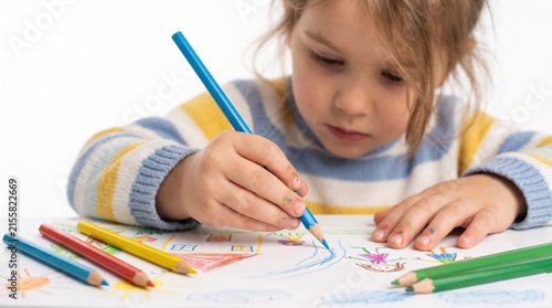 Little Artist at Work: A young child, focused and engrossed, skillfully wields a colored pencil to bring their vibrant drawing to life on a white surface.