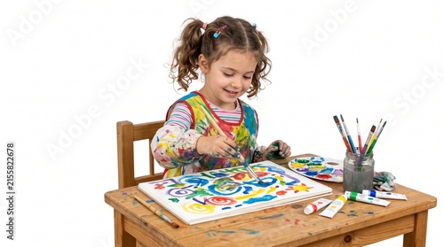 Young Artist's Canvas: A joyful young girl with pigtails, wearing a paint-splattered apron, engrossed in creating a vibrant abstract painting on a canvas at her wooden desk.