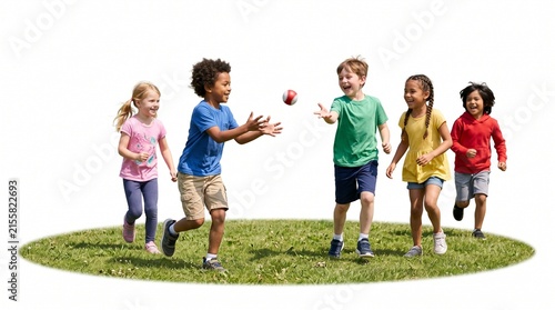 Joyful Children Playing Ball: A vibrant group of diverse children enjoy a fun game of catch on a sunny day, their faces alight with laughter and excitement.