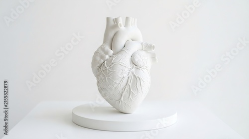 White Anatomical Heart Sculpture with Intricate Veins Isolated on White Background
